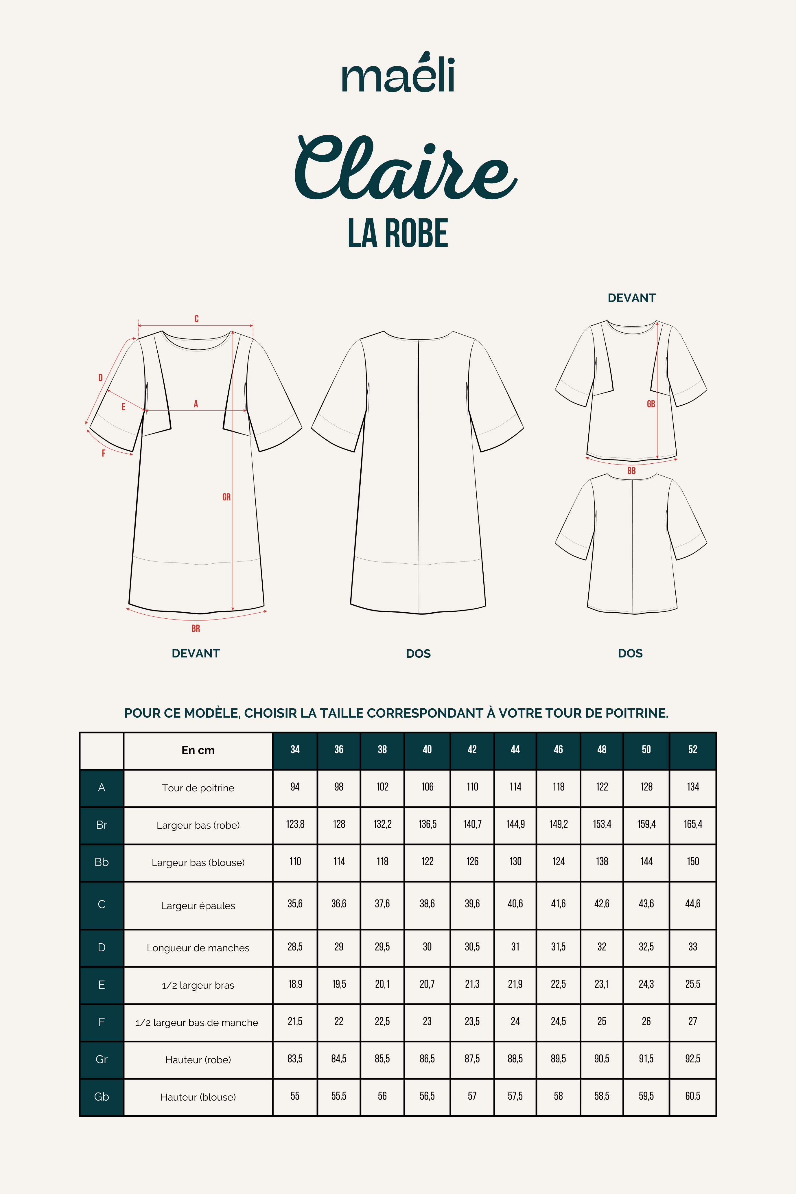 patron couture robe claire tableau des tailles mesures robe et blouse fiche technique