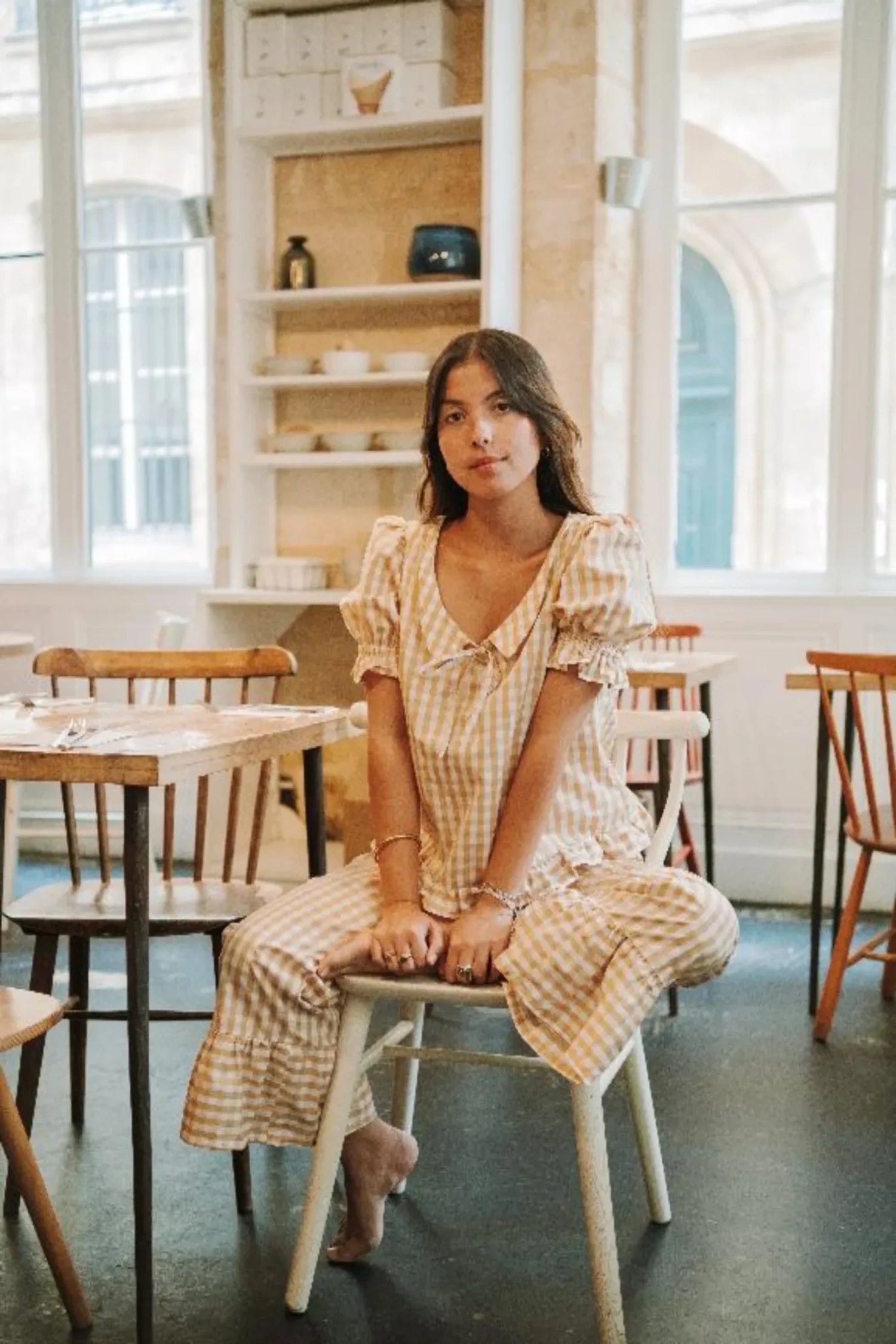 Ensemble Pauline à volants en tissu vichy, parfait pour un style décontracté ou pyjama.