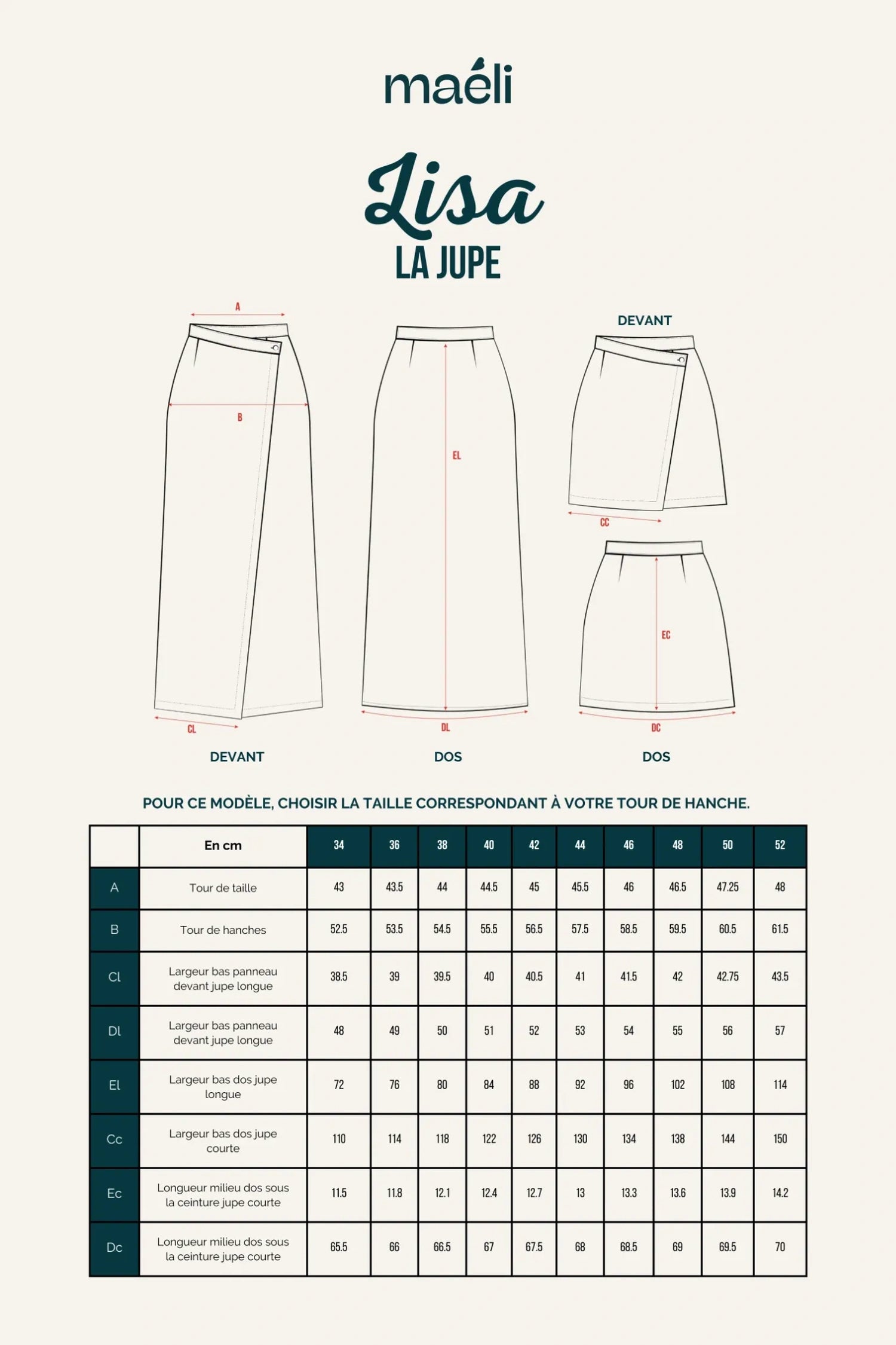 Fiche technique patron Lisa, jupe avec fermeture