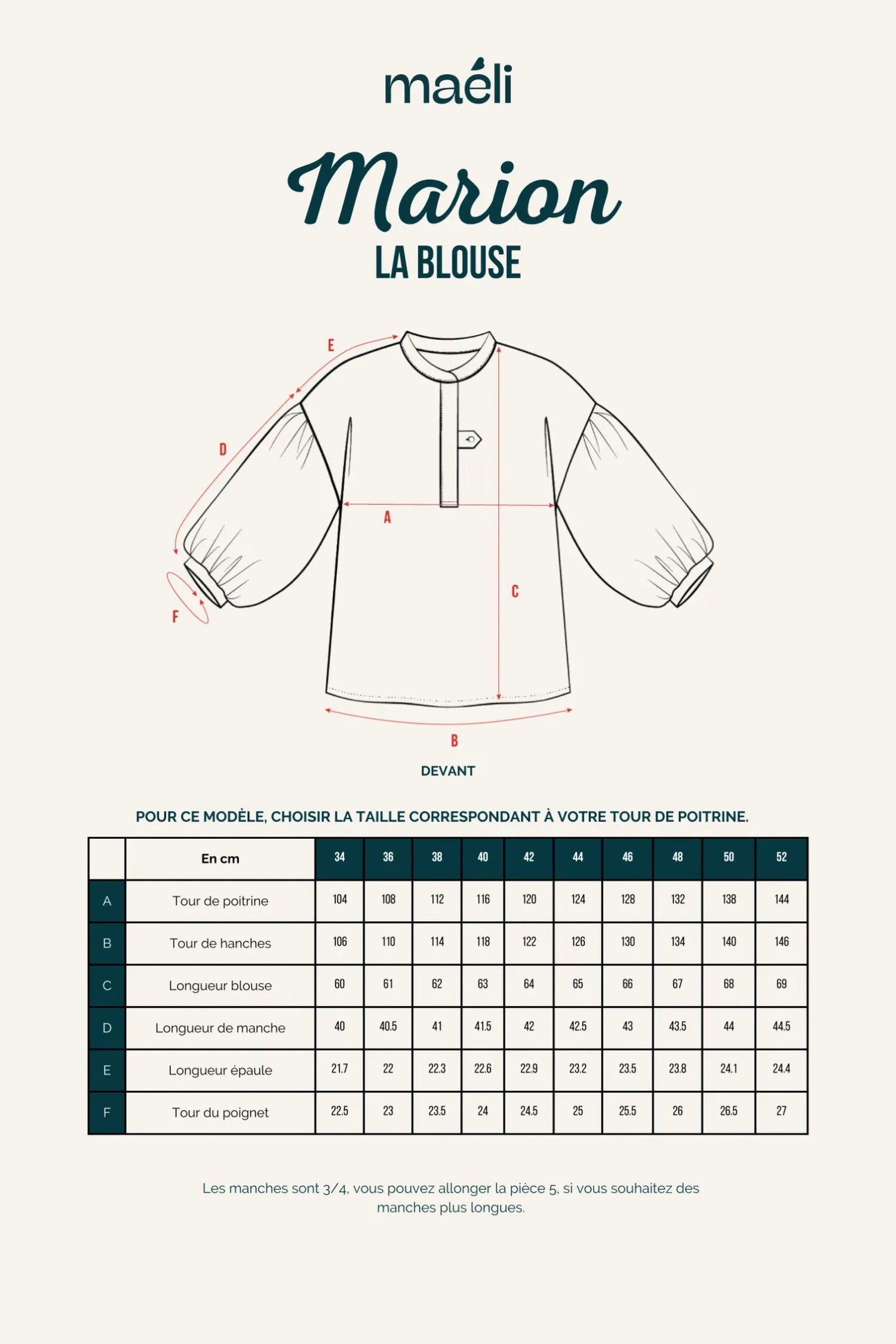 Fiche technique patron Marion blouse à manches trois quarts et coupe droite, idéale pour l'upcycling de tissus.