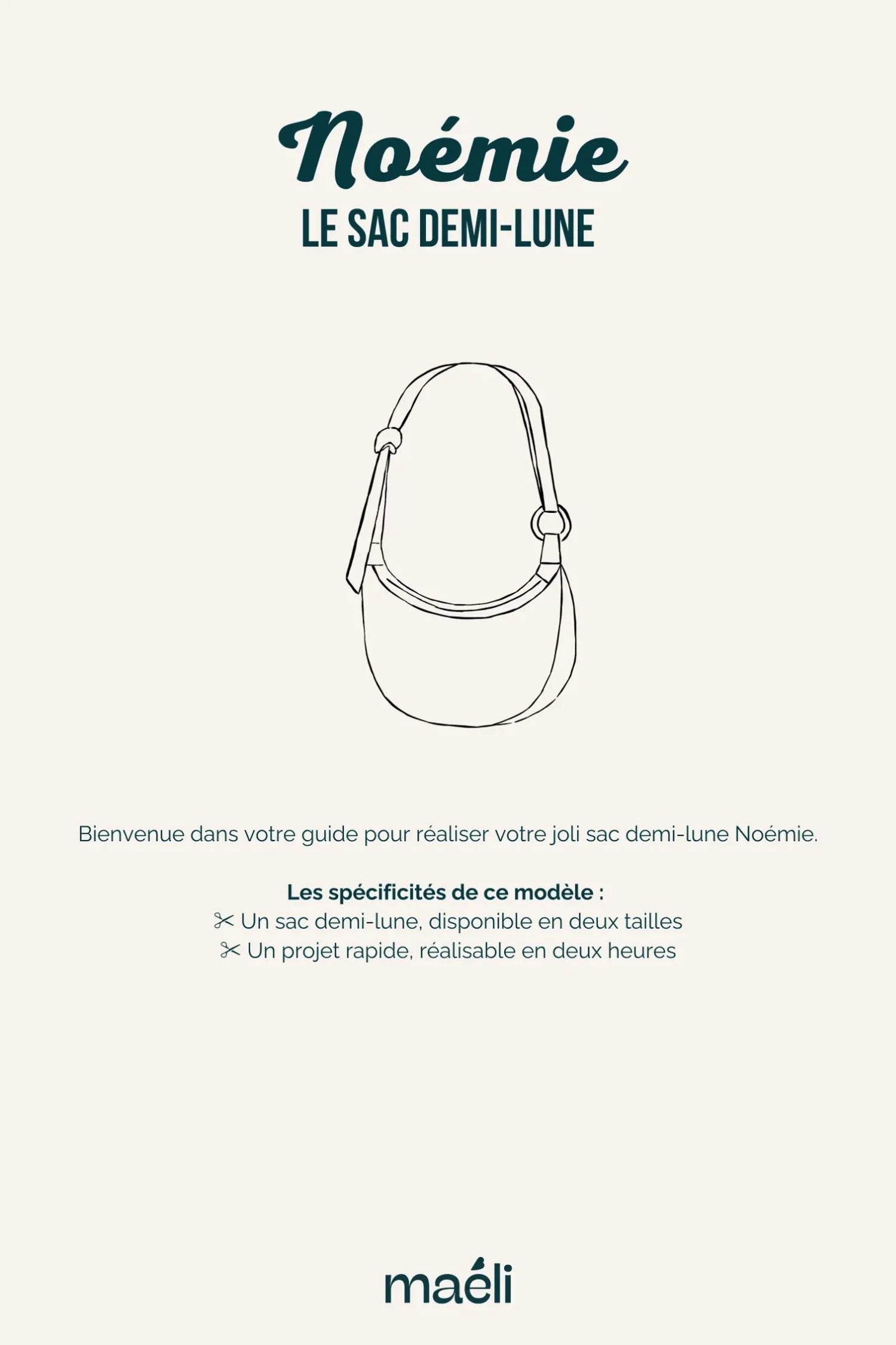 Illustration technique du sac demi-lune Noémie, guide couture.