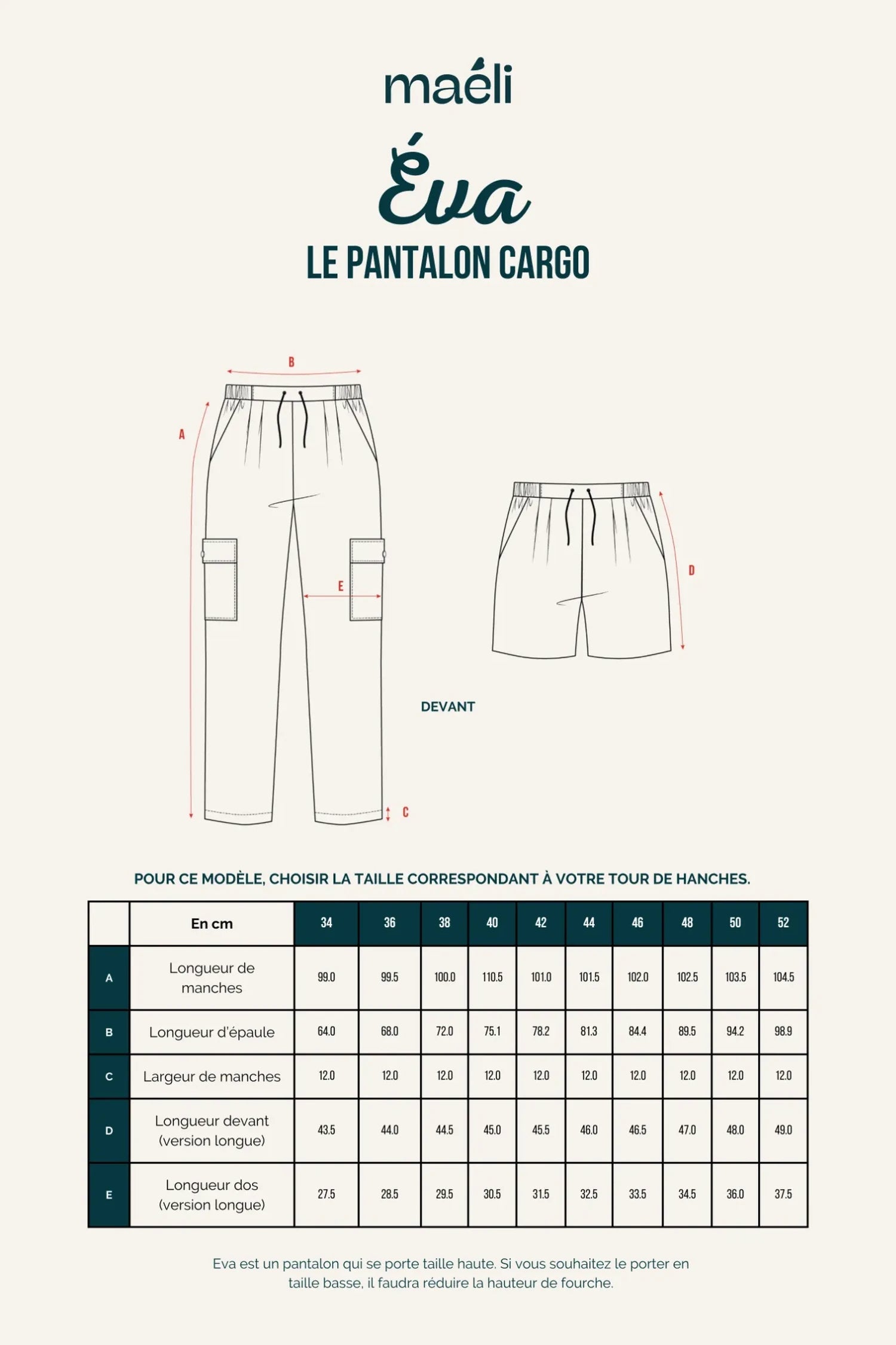 Patron pour coudre le pantalon cargo Éva. Version short aussi disponible.