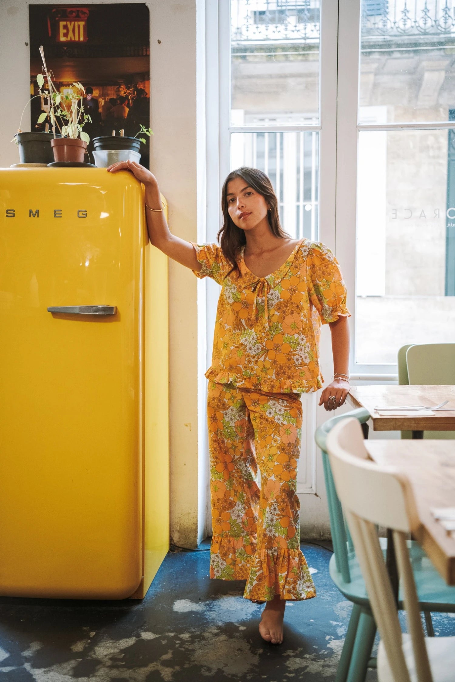 Ensemble avec haut et pantalon Pauline, upcycling d'un drap vintage.