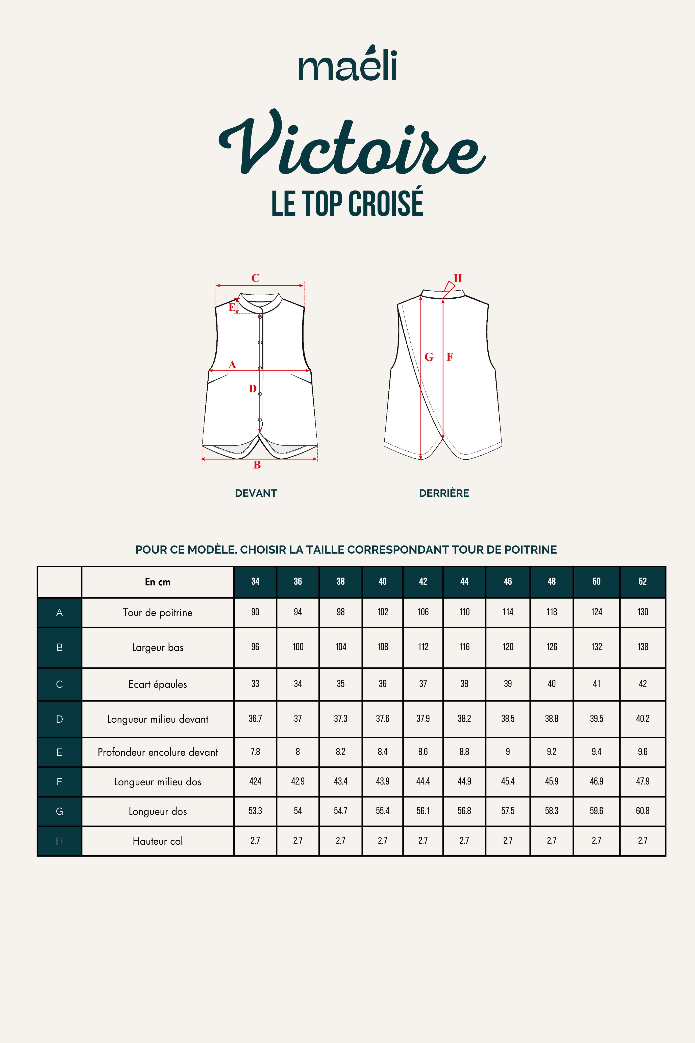 Patron de couture top croisé Victoire schéma technique avec mesures et tailles