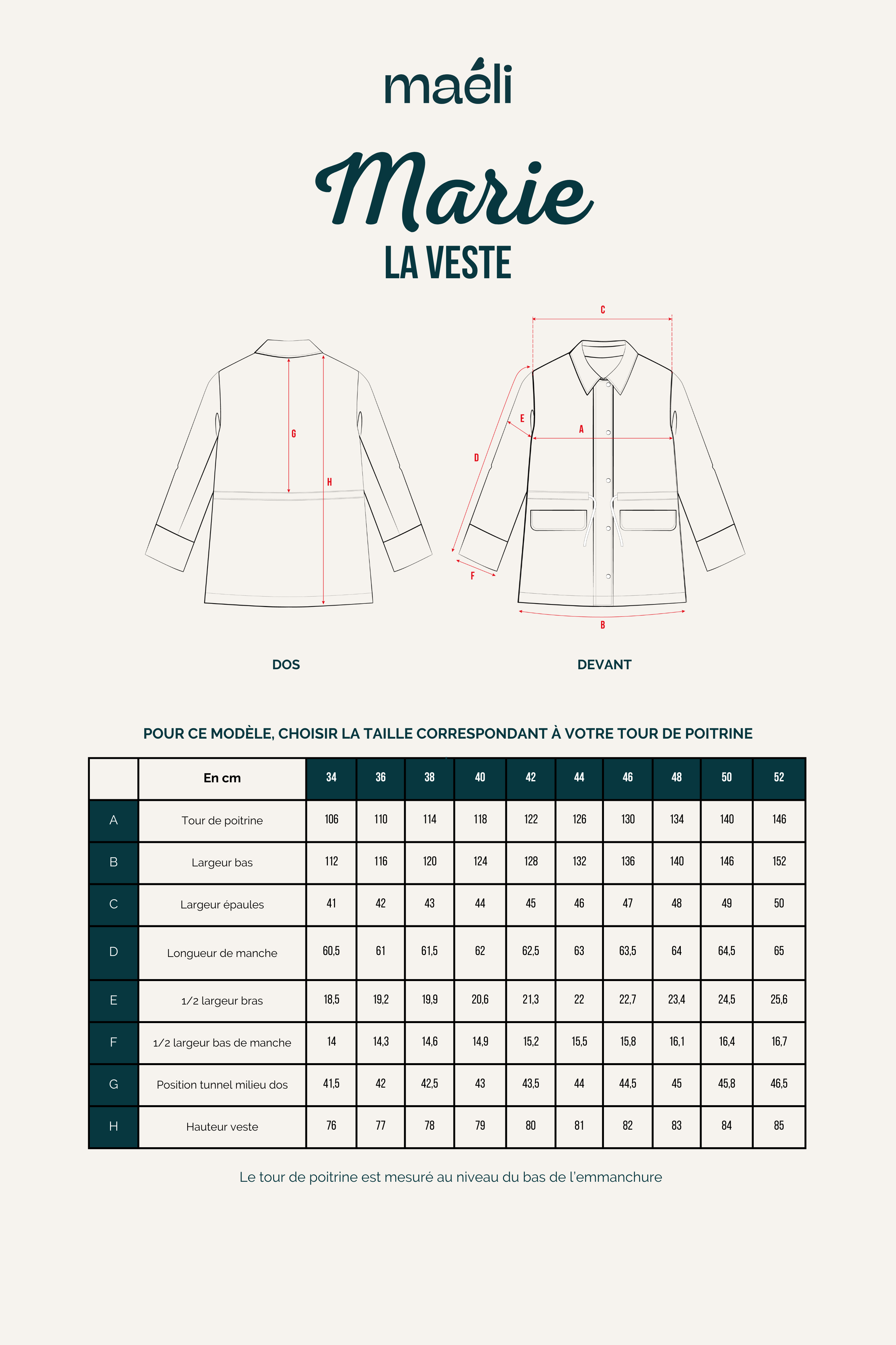 Plan technique patron veste Marie avec schema de coupe et tableau des tailles couture