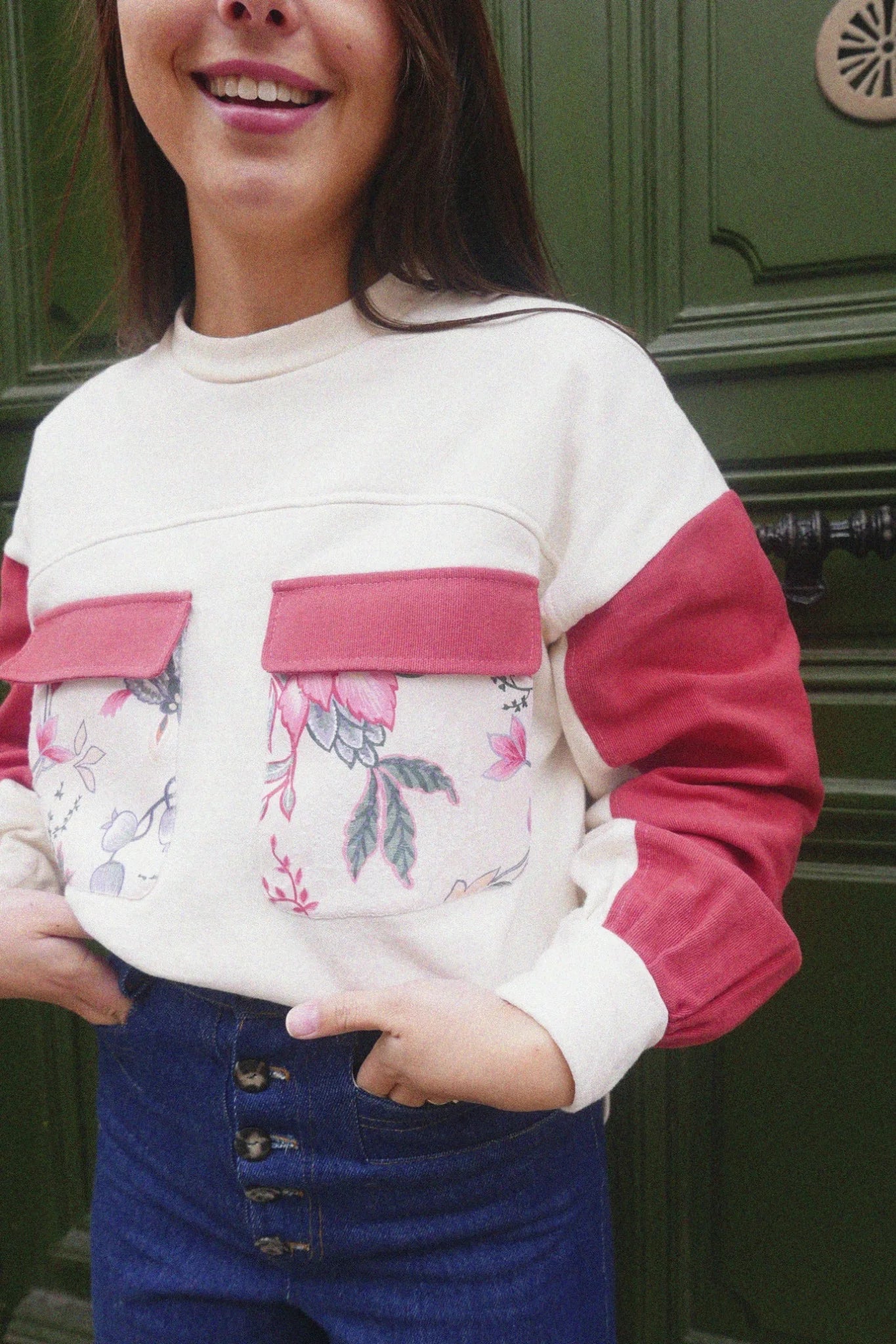 Sweat femme Simone fleuri fuschia en coton de Maéli Paris.